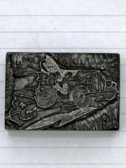 Letterpress Printing Block Man Driving Car Cartoon Blown Tire Stamp Vtg