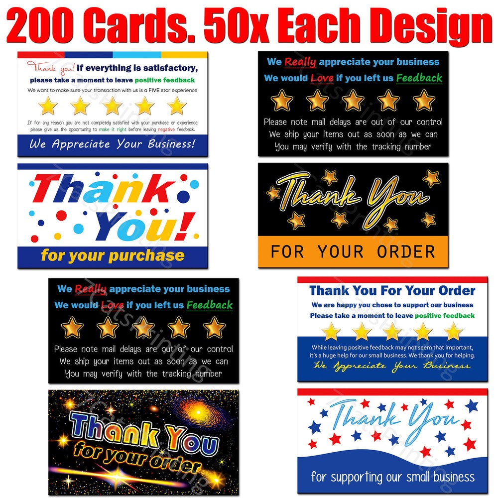 Combo Pack – Thank You Cards for eBay Sellers All 4 Designs 50 of Each = 200