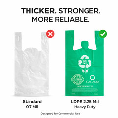 “Green T-Shirt Bags 1/6 Size 2.25 Mil Reusable Heavy Duty Plastic Grocery Sacks”