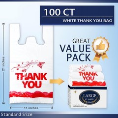 YoYoRain White Thank you bags, 100PCS T shirt To Go Large, Red Design