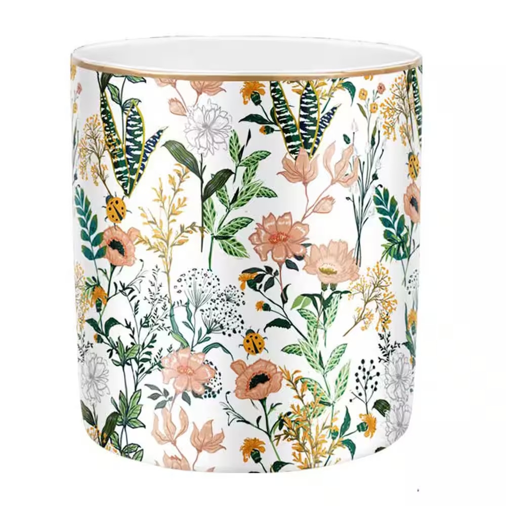 1 Piece White Flower Ceramic Pen Holder Cup, Large Capacity Desk Organizer for P