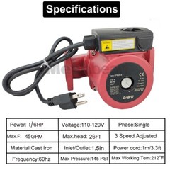 3 Speed 1/8HP Circulating Pump Use w/Outdoor Furnaces,Hot water heat,Solar,115V