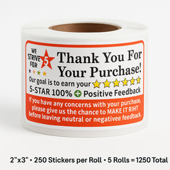 5 Rolls Thank You for Your Purchase Stickers 2″x3″ 250/Roll (1250)