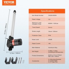 VEVOR Linear Actuator 12V 14In Heavy Duty 1320lbs/6000N 0.19″/s IP44 Protection
