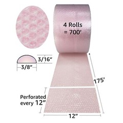 UOFFICE 4 Pink Anti-Static Bubble Rolls 175’x12″ – Small Bubbles 3/16″ Wrap 700′