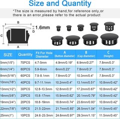 200Pcs 9 Sizes Nylon Plastic Hole Plugs Black Round Hole, Flush Type Panel