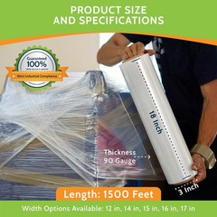 18″ x 1500′ 90 Gauge 4 Rolls Cast Hand Stretch Wrap Clear Plastic Shrink Film