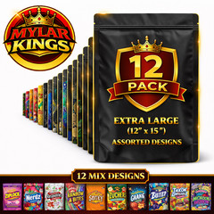 12 Pack 1lb Smell Proof Foil Mylar Bags 12” x 15” Mix Designs Pound Zip Bags