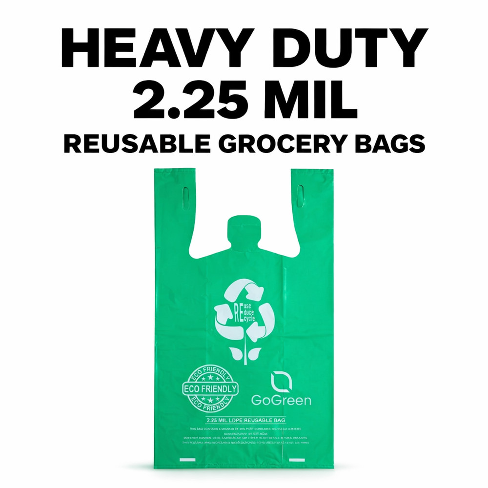 Reusable Grocery Bags 2.25 Mil Heavy Duty Green T-Shirt Bags 1/6 Size Bulk