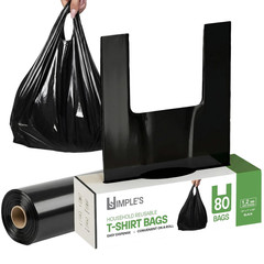 Black Plastic T-Shirt Bags with Handles – 80 Count – 12″X7″X22″ – 1.2 Mil – Groc