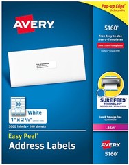 Avery 5160 Easy Peel Address Labels 1 x 2 5/8″ 30/sheet – Choose 600/900/1500