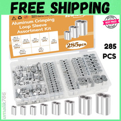 285PCS 8 Sizes Aluminum Crimping Loop Sleeve Cable Crimps, 3/64” 1/16” 5/64”