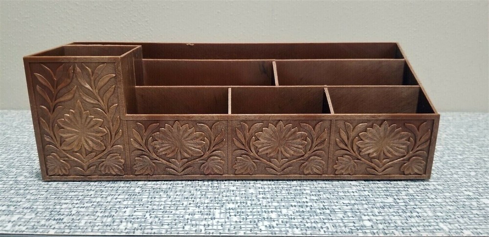 Vintage SMALL PLASTIC Desk ORGANIZER Caddie FAUX Carved WOOD Hong Kong