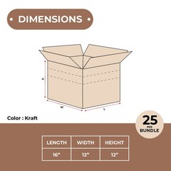 25 Multi-Depth Corrugated Boxes – 16 x 12 x 12, Brown ECT-32