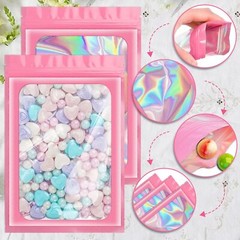 Smell Proof Mylar Bags Holographic Resealable Food Foil Pouches Zipper Lock Pink