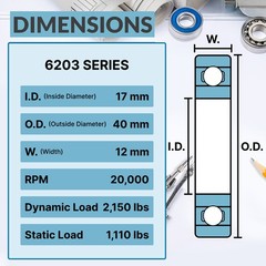 6203-2RS C3 EMQ Premium Rubber Sealed Ball Bearing, 17x40x12, 6203RS (10 QTY)