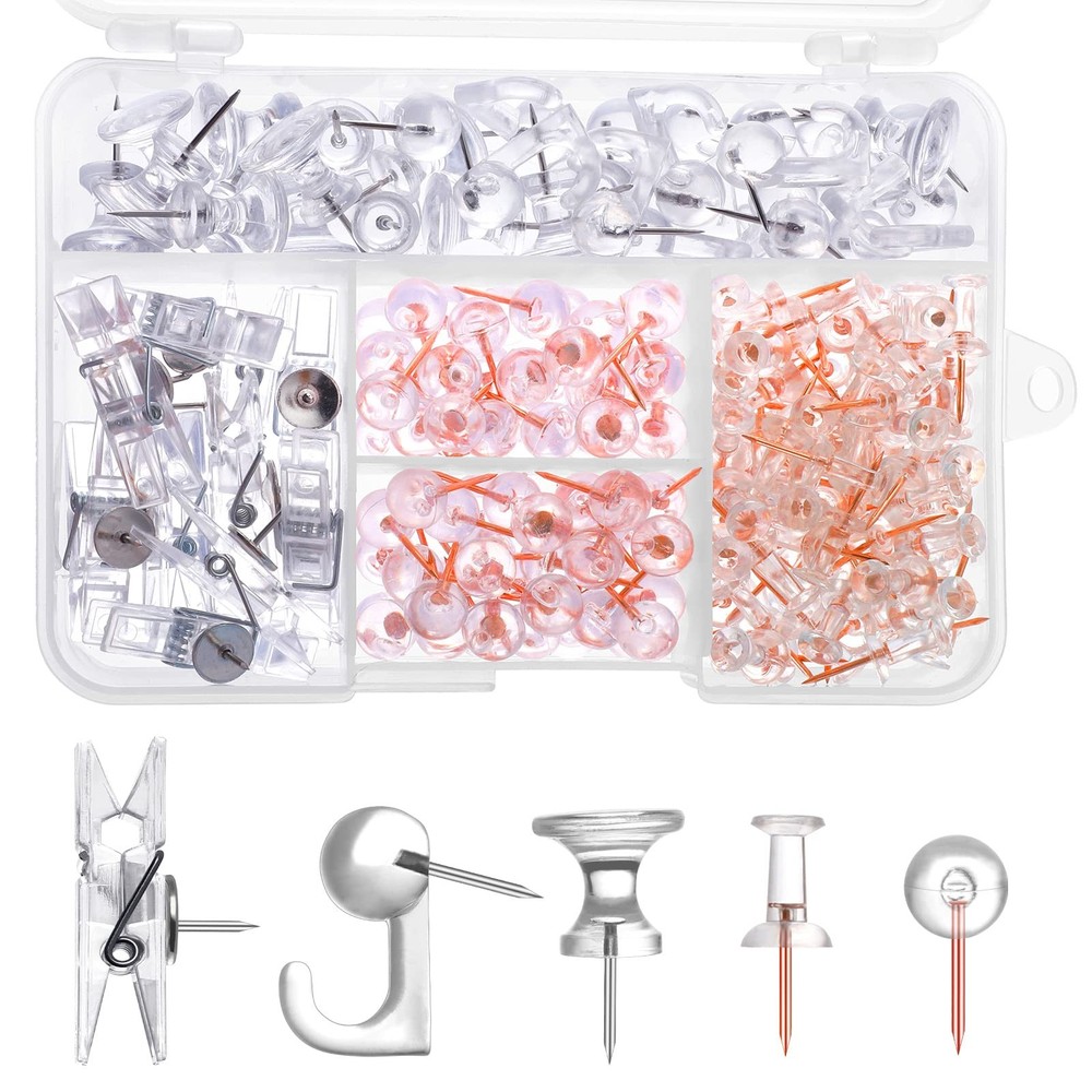 200 Pieces Push Pins Set 5 Types Clear Thumb Tacks Push Pins for Wall Cork Bo…