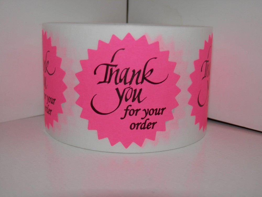 Thank You For Your Order Label 1.5″ Starburst fluorescent pink bkgd 250/rl