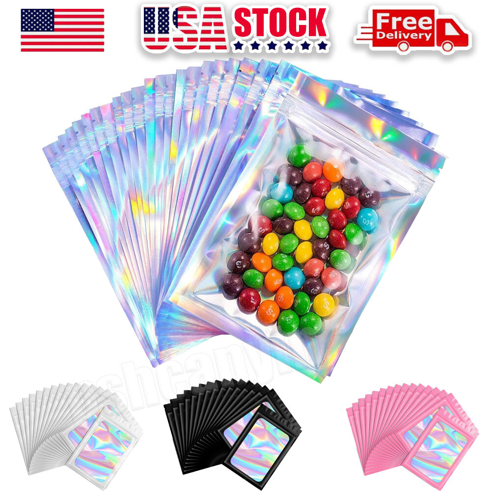 Holographic Mylar Bags Smell Proof Food Storage Zip Seal Foil Pouch Candy Bag