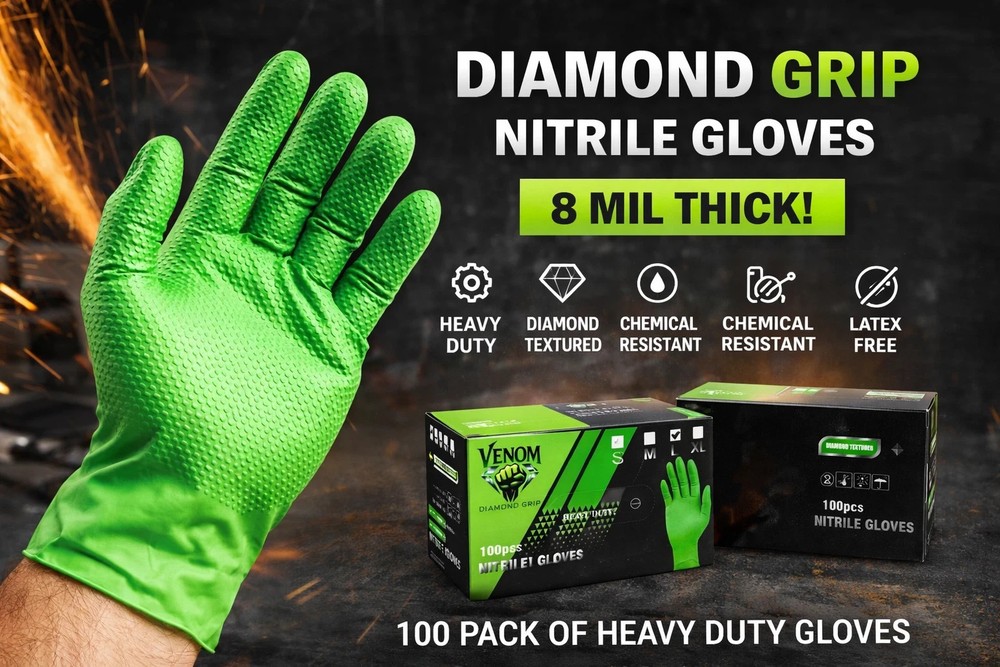 Venom Diamond Grip Green Nitrile Gloves 8 Mil, Diamond Texture, Box of 100Pcs