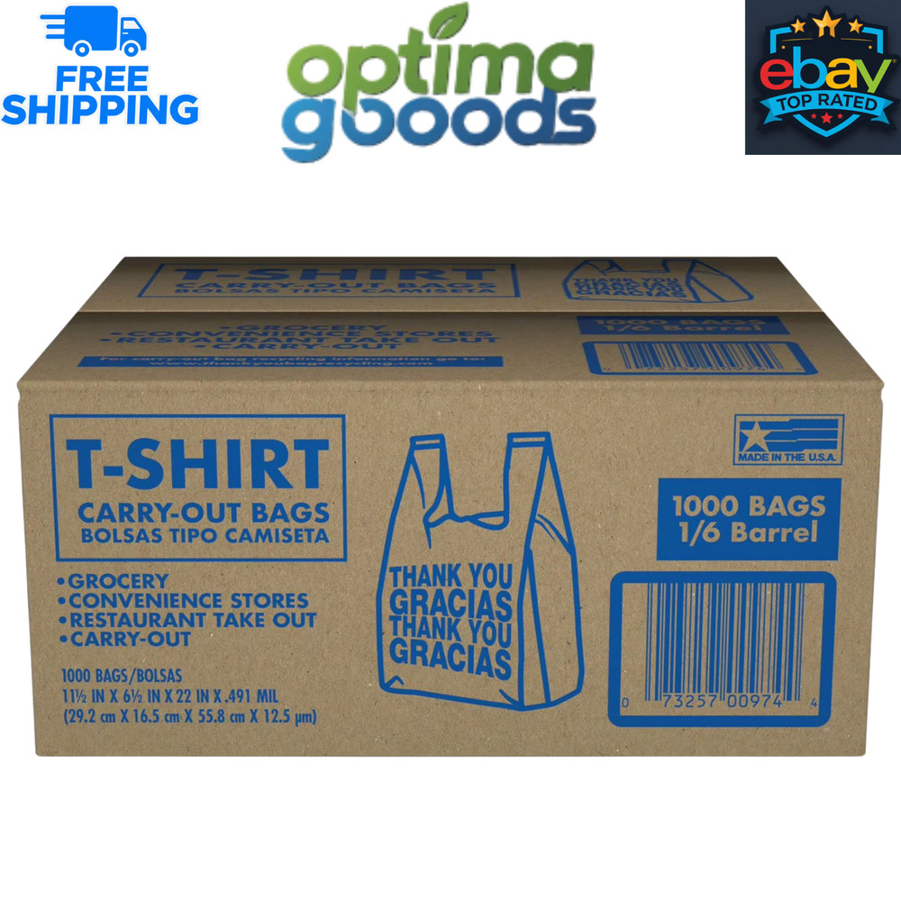 T-Shirt Carry-Out Bags, 11.5″ x 6.5″ x 22″, 1,000 ct. ⚠ Not Ship To NY, NJ, CA