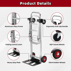 Aluminum Hand Truck 3 in 1 Folding Dolly Cart 400 lbs Capacity Heavy Duty
