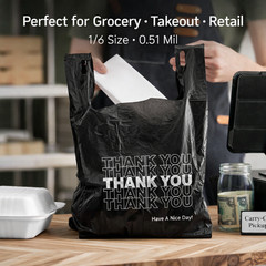 Bags 1/6 Large 21 x 6.5 x 11.5 Black THANK YOU T-Shirt Plastic Shopping Bags