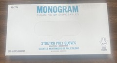 1 Box 200 Clear GLOVES MONOGRAM DISPOSABLE Cleaning STRETCH Poly Size Small 10”