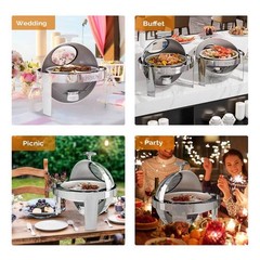 6Qt Round Roll Top Chafing Dish Buffet Set with Glass Window Silver for Wedding