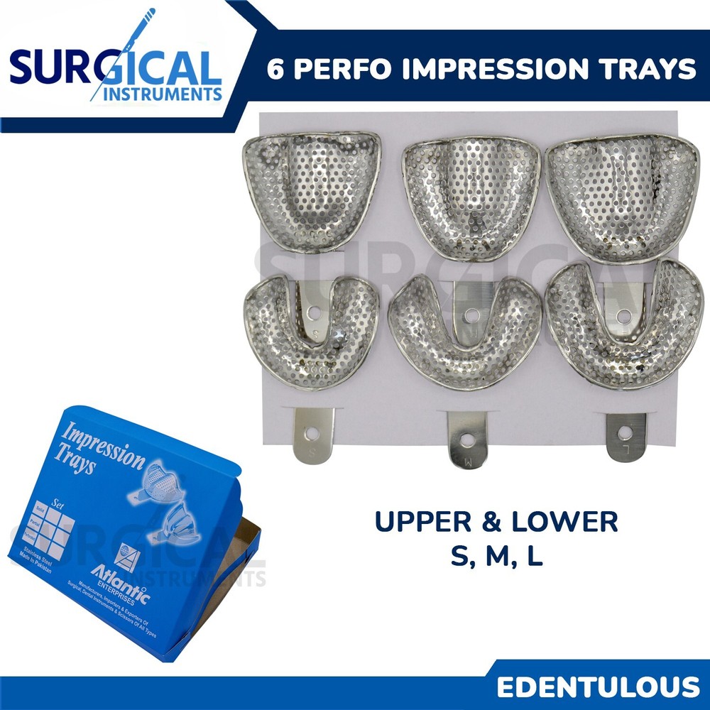 6 Metal Dental Impression Trays set Perforated Upper & Lower Denture Edentulous