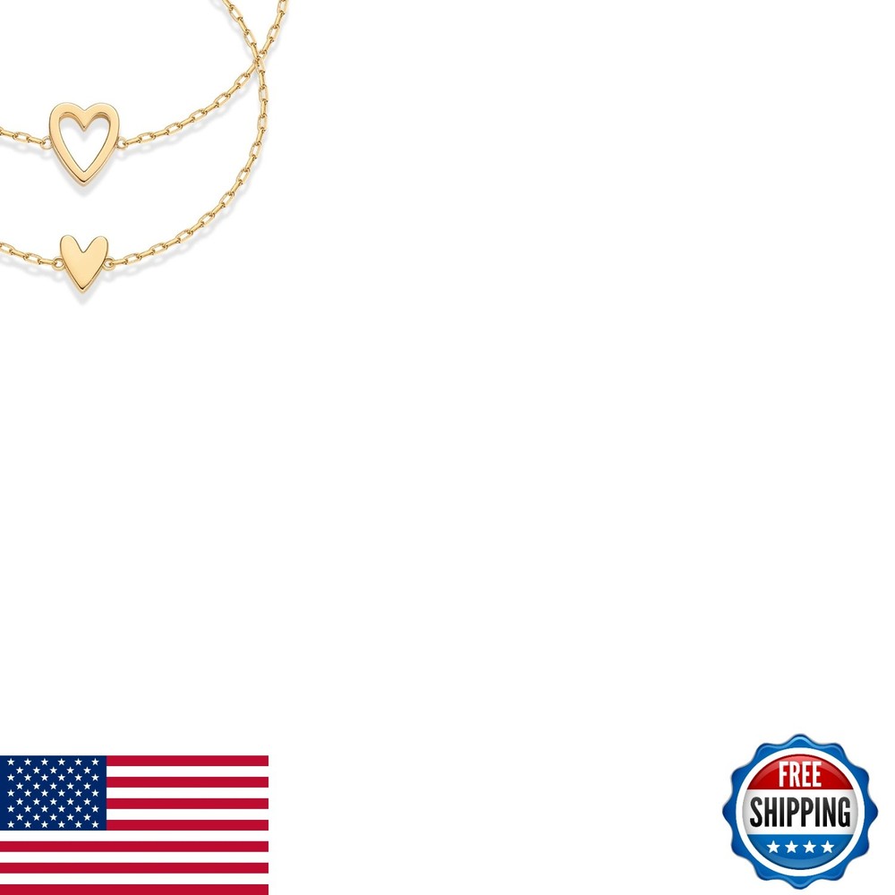 PAVOI 14K Gold Plated Matching Heart Charms Bracelet Set Women Adjustable 2-Pack
