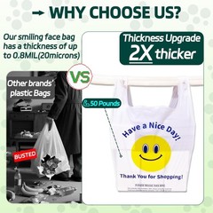 100 Count Large Plastic Shopping Bags with Smiling Face & Tie Handles – 11x6x21