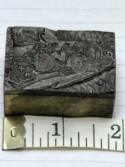 Letterpress Printing Block Man Driving Car Cartoon Blown Tire Stamp Vtg