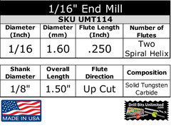 1/16″ 1.60mm Carbide CNC End Mill 2 Flute Square End 1/8 Shank 10 Pc Kyocera