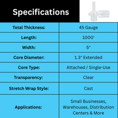 12 Rolls 5″ x 1000′ (45 Gauge) Extended Core Stretch Hand Shrink Wrap – Clear