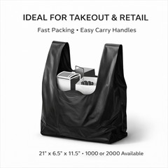 Black T-Shirt Plastic Grocery Bags 0.67 Mil 21×6.5×11.5 1/6 Large Shopping Bulk