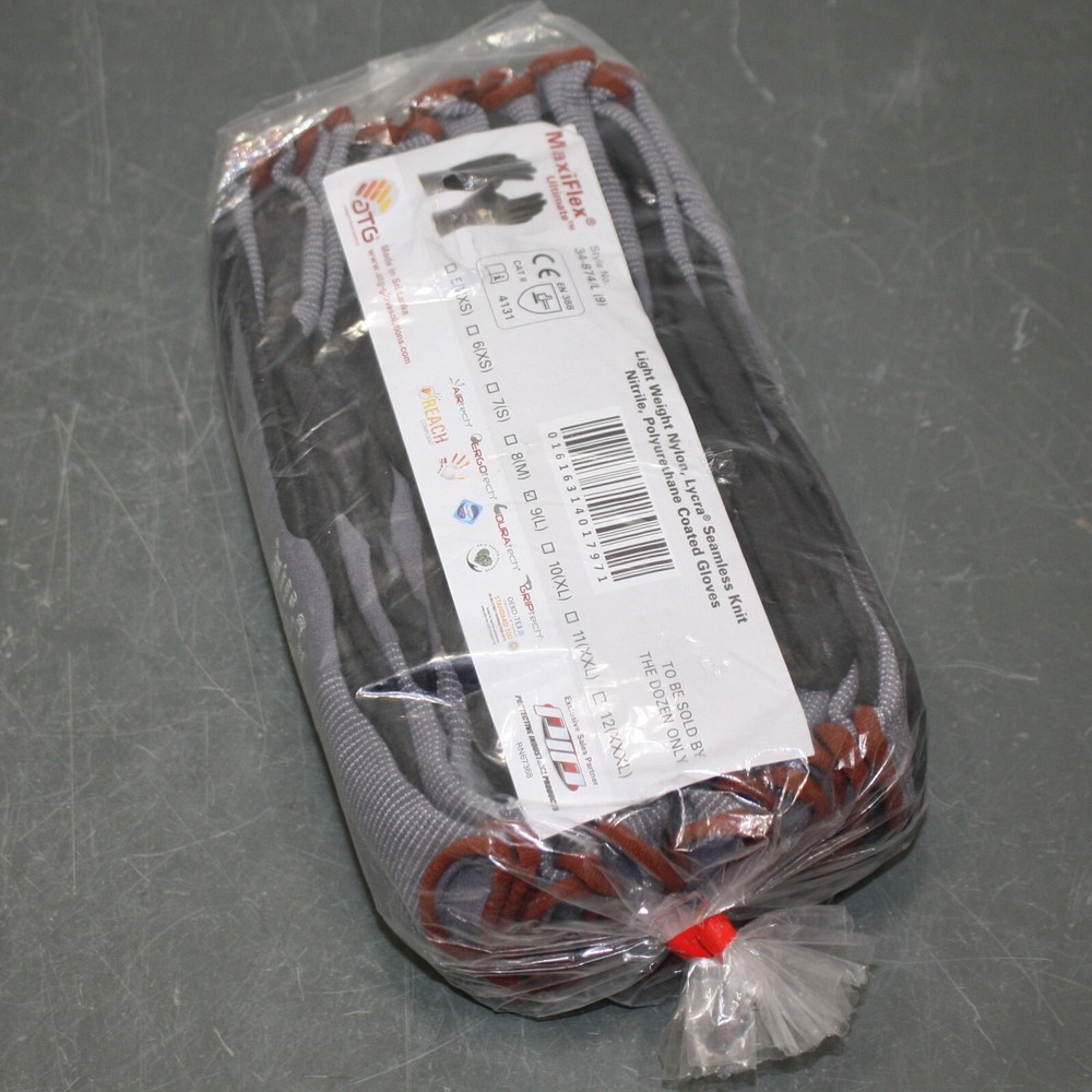 (12) Pip MaxiFlex Dipped Work Gloves 34-874, Large / L / 9, Knit Nylon & Nitrile