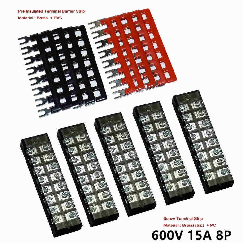 5 sets 600V 15A Dual Row 8 Position Screws Terminal Electric Barrier Strip Block