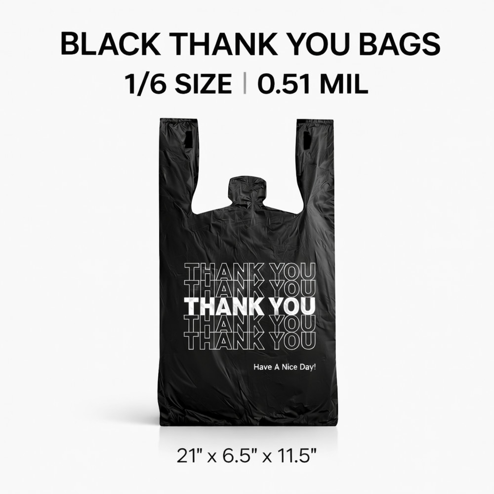 Black 1/6 Thank You T-Shirt Plastic Bags 21×6.5×11.5 0.51 Mil