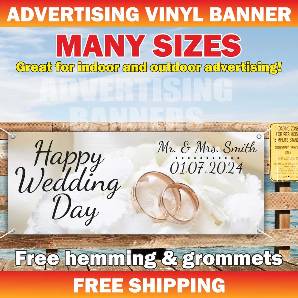 Happy Wedding Day Advertising Banner Vinyl Sign Holiday Celebrate Custom Name