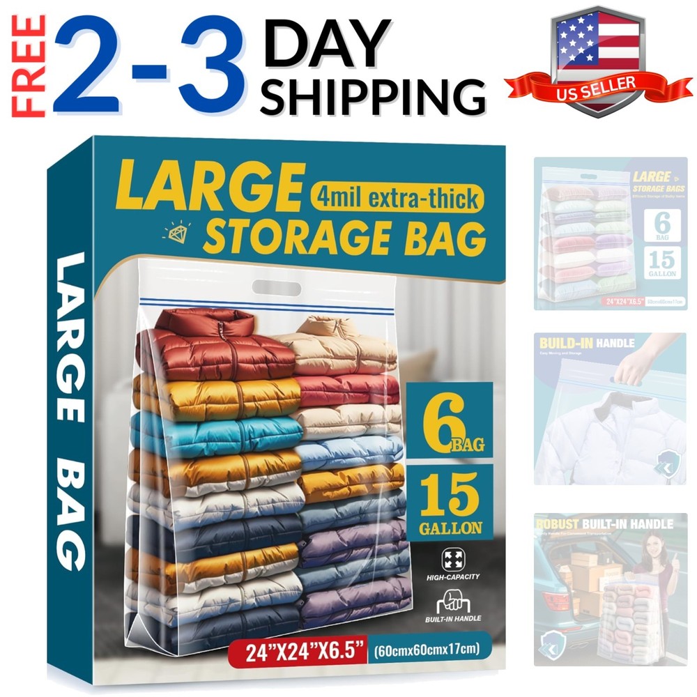15 Gallon Large Storage Bags, 24″ x 24″ Clear Plastic Zipper Bags with Handle…