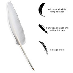 Fancy White Goose Feather Pen Black Ink Ballpoint Wedding, Office, Signing Quill