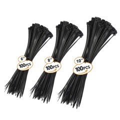 Zip Cable Ties Assorted Sizes 300(6”+8”+10”) Heavy duty Nylon Black UV Resistant