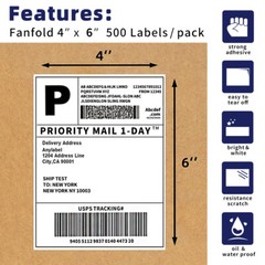 500 4″x6″ Fanfold Direct Thermal Shipping Labels for Zebra and Rollo Printers