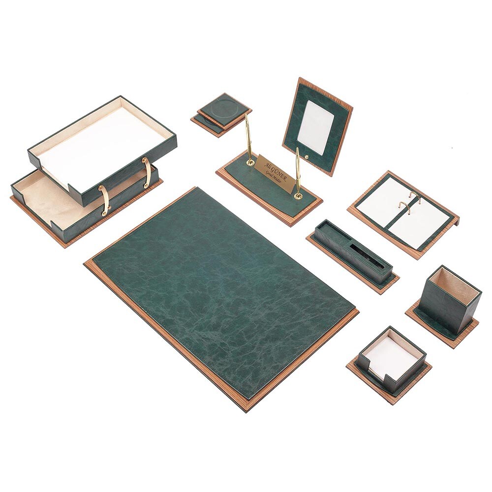 Star Luxury Leather&Wood Desk Set 11 Pcs with Double Tray Desk Organizer Emerald