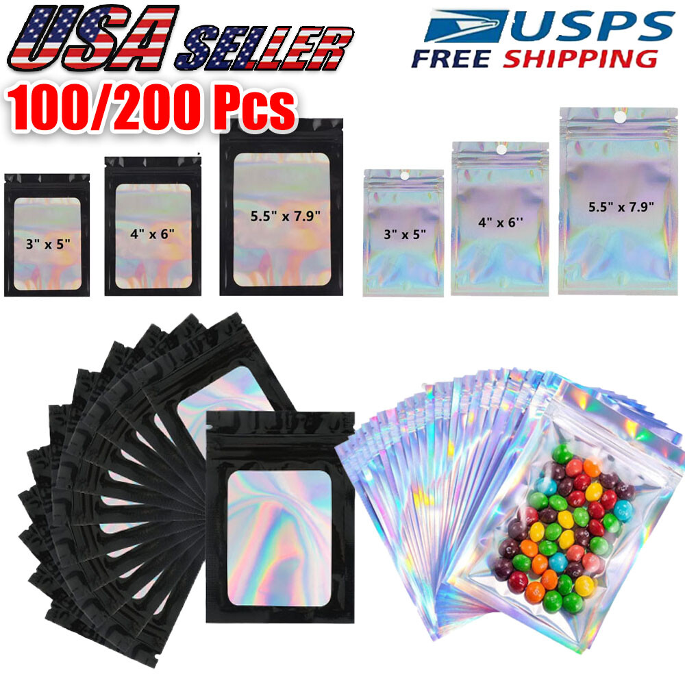100/200 PCS Holographic Mylar Foil Bag Resealable Ziplock Pouch Packaging Clear