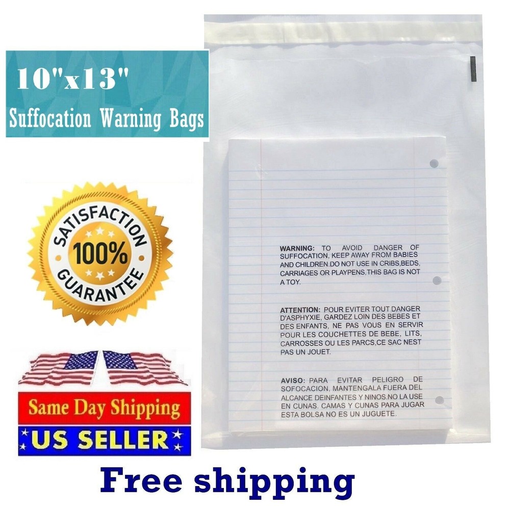 300 10×13 Self Seal Suffocation Warning Clear Poly Bags 1.5 mil -ST ShipMailers
