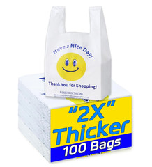 100 White Heavy Duty Thank You Plastic T-Shirt Shopping Bags, 0.8 Mil 11x6x21″