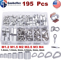 340Pcs Stainless Steel Wire Rope Cable Thimbles Aluminum Crimping Loop M2-M5 Kit
