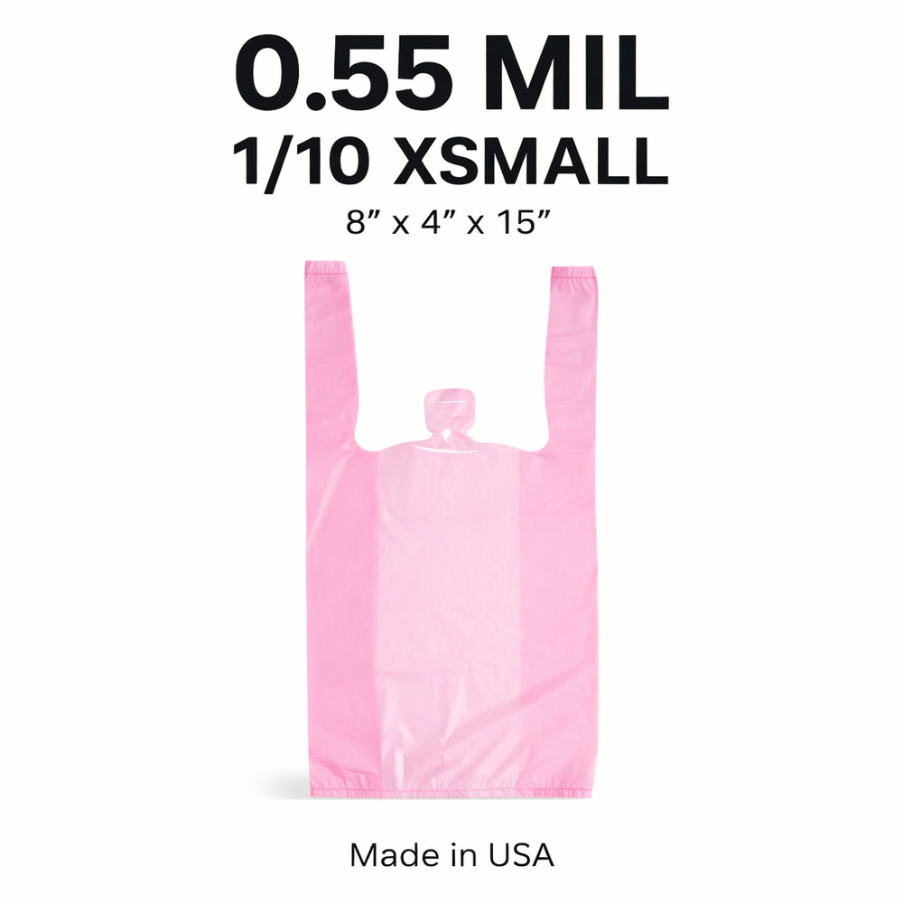 Pink T-Shirt Grocery Shopping Bags 1/10 XSmall 8x4x15 Unprinted 0.55 Mil USA
